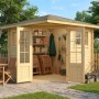 Unbehandeltes Alpholz 5-Eck Gartenhaus Sunny-B mit Spitzdach, 230x224 cm, im Garten.