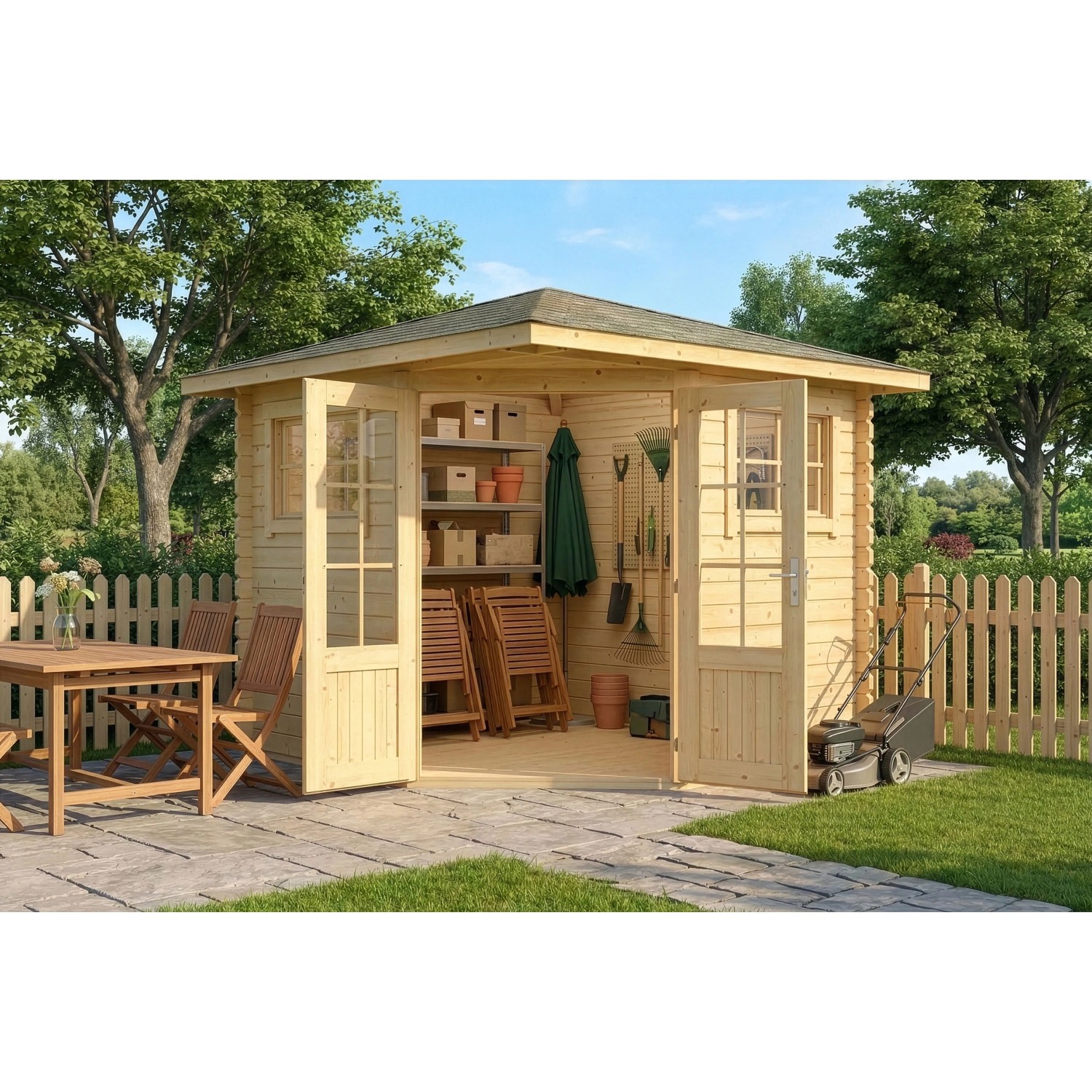 Unbehandeltes Alpholz 5-Eck Gartenhaus Sunny-B mit Spitzdach, 230x224 cm, im Garten.