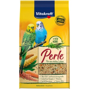 Vitakraft Sittich Perle Futter, 1kg Packung mit zwei Sittichen und Saatenmischung.