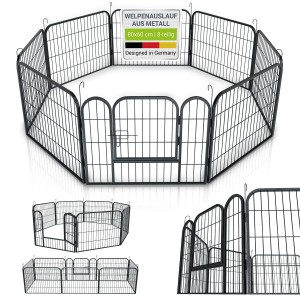 Schwarzer Juskys Welpenauslauf aus Metall, 8-teilig, mit Tür. Freilaufgehege für Welpen und Kleintiere.