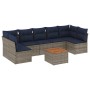 Graue 8-tlg. vidaXL Garten-Sofagarnitur aus Rattan mit marineblauen Kissen und Tisch.
