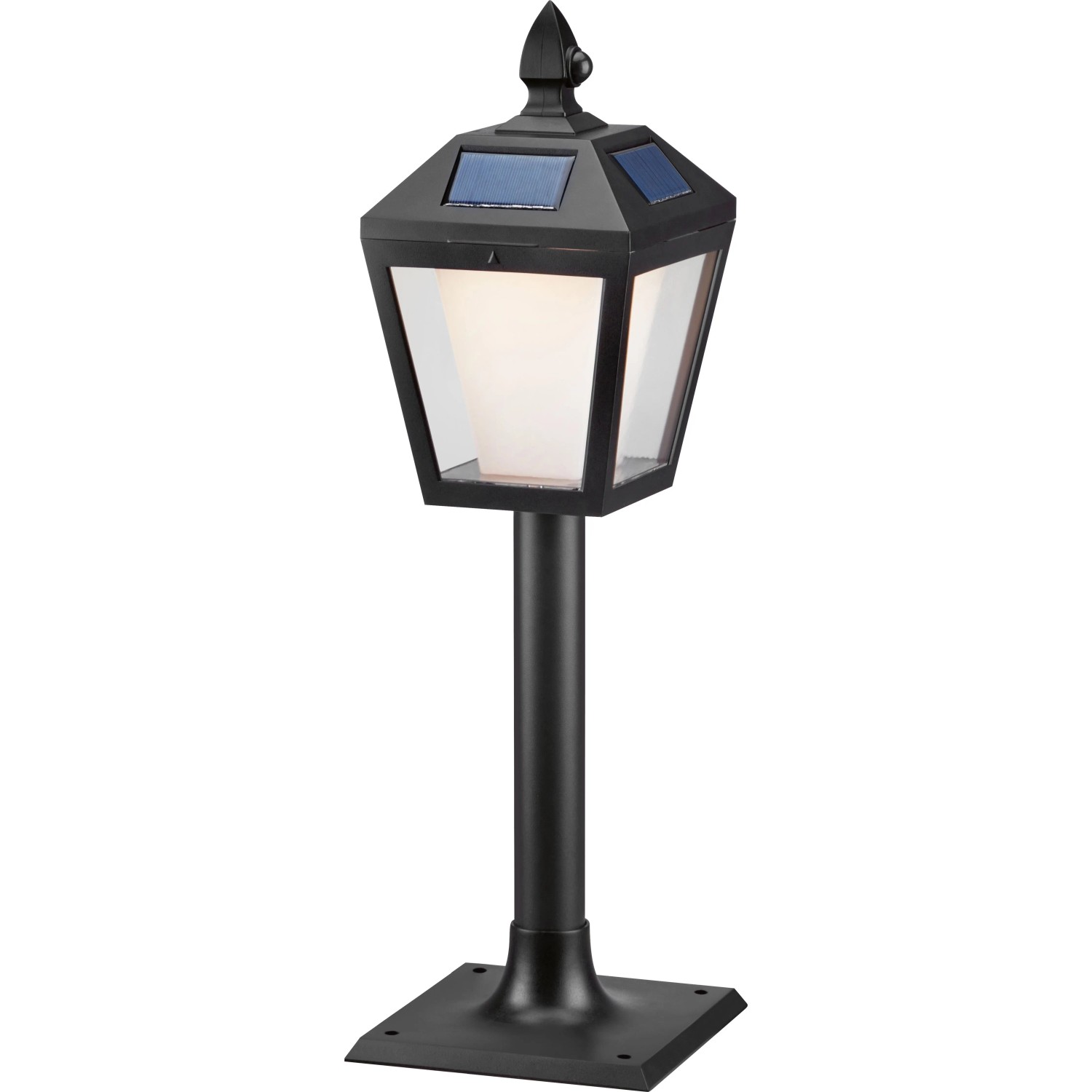 Schwarze Solar-LED-Außenleuchte im Laternen-Design, als Stehlampe mit Solarpanel.