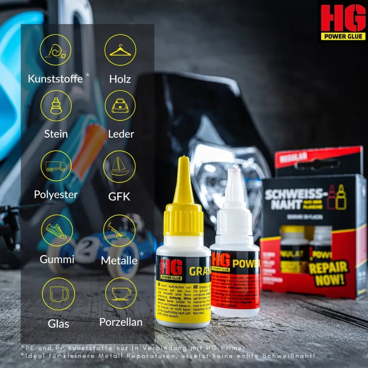 HG Power Glue Reparatur-Set: Kleber und Granulat für Kunststoff, Holz, Glas uvm. Universalkleber für Haushalt, Werkstatt & Garten.