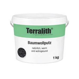 Weißer Eimer Terralith Baumwollputz Flüssigtapete BWP, 1 kg, mit grünem Etikett und schwarzer Materialprobe. Effektputz.