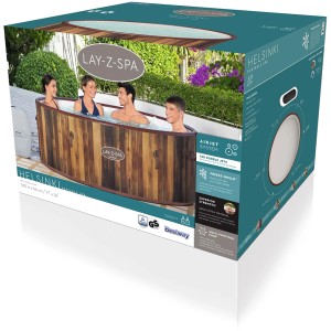 Verpackung des LAY-Z-SPA Helsinki AirJet Whirlpool mit Holzoptik, 180 x 66 cm.