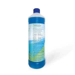 Blaue Technaxx Reinigungslösung LX-077 in 1-Liter-Flasche für Fenster Roboter, streifenfreier Glanz auf Glasflächen.