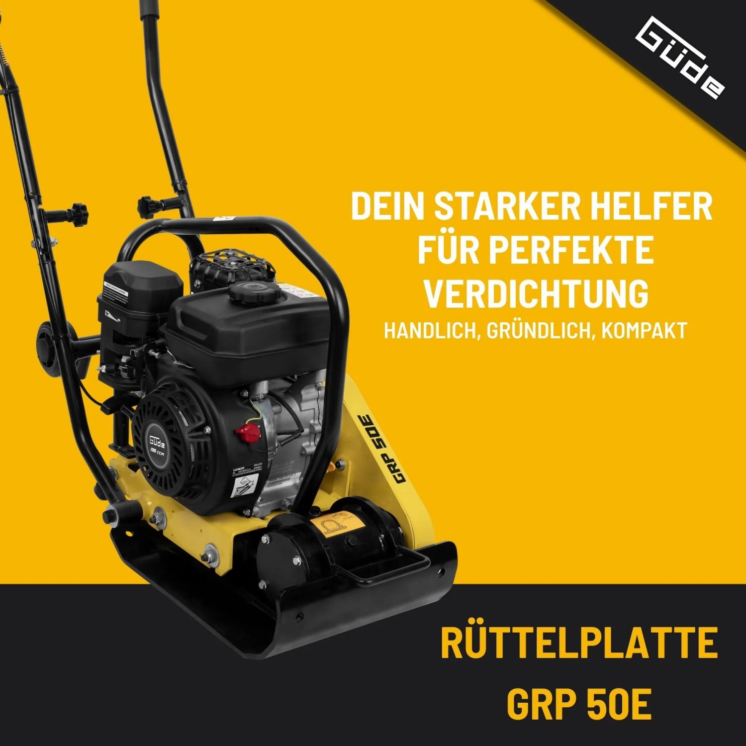 Güde Rüttelplatte GRP 50E, gelb/schwarz, für Pflasterarbeiten und Bodenverdichtung im Garten- und Landschaftsbau.