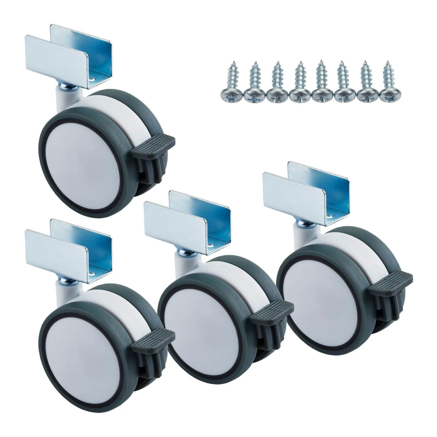 SOTECH 4er Set Möbelrolle HAMM Ø63 mm Höhe 74,5 mm Weiß Grau mit Bremse mit U-Profil für 19 mm Wandstärke inkl. Befestig...