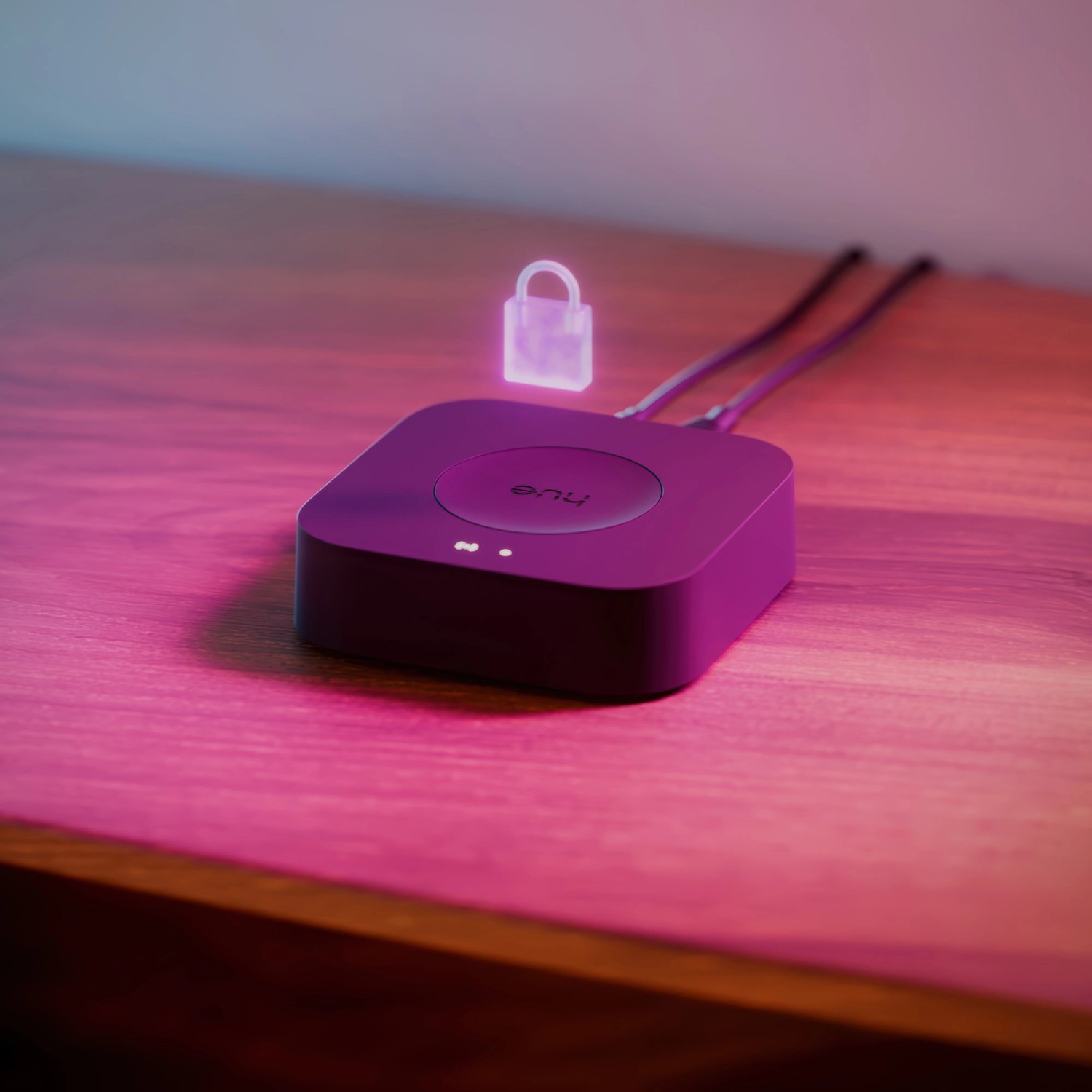Schwarze Philips Hue Bridge Pro für smarte Lichtsteuerung und Sicherheit.