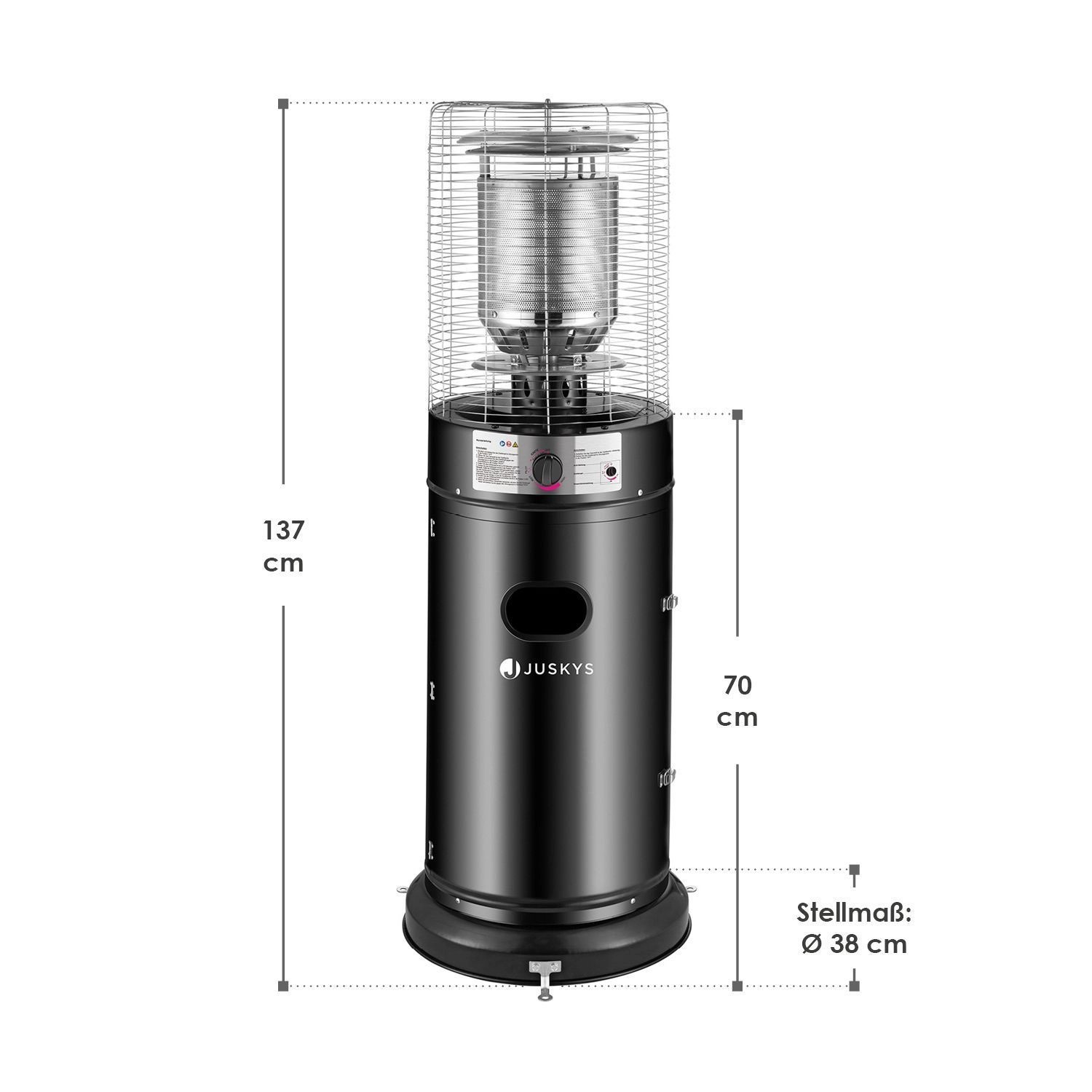 Schwarzer Juskys Gasheizer Cuna mit Schutzgitter und Maßangaben.