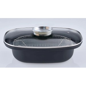 GSW Aromabräter 39x25cm mit Drahteinsatz und Glasdeckel. Bräter für alle Herdarten, auch Induktion.