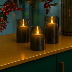 Relaxdays LED Kerzen im Glas 3er Set Echtwachs Grau Warmweiß Flackernd Mit Fernbedienung 10 cm x 7,5 cm 12,5 cm x 7,5 cm 15 cm x 7,5 cm