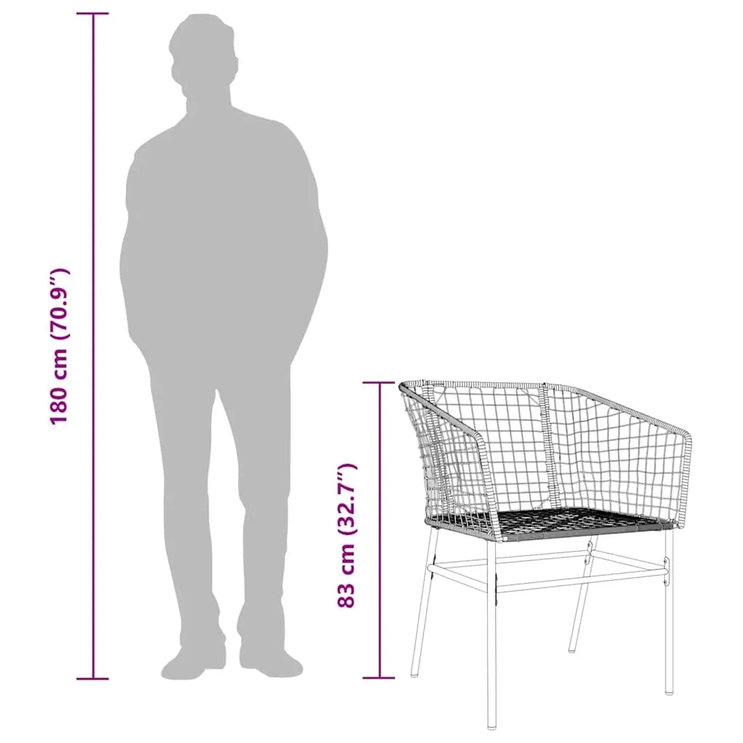 vidaXL 3-tlg. Garten-Esszimmerset, schwarz, Poly Rattan, Glas. Maße des Gartenstuhls werden angezeigt.