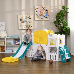 AIYAPLAY 7-in-1 Kinderrutsche, Klettergerüst & Basketballkorb. Buntes Spielzentrum mit zwei spielenden Kindern.