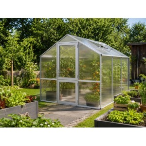 Rechteckiges KGT Gewächshaus Alu blank im Garten, mit Tomaten, Tür und Dachfenster.