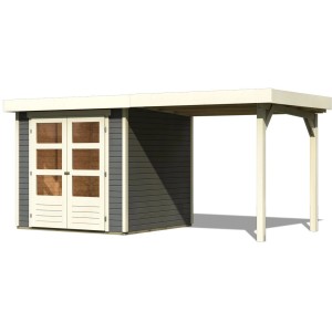 Karibu Express Gartenhaus Speedy A Set Terragrau mit Anbaudach, 433x217cm.