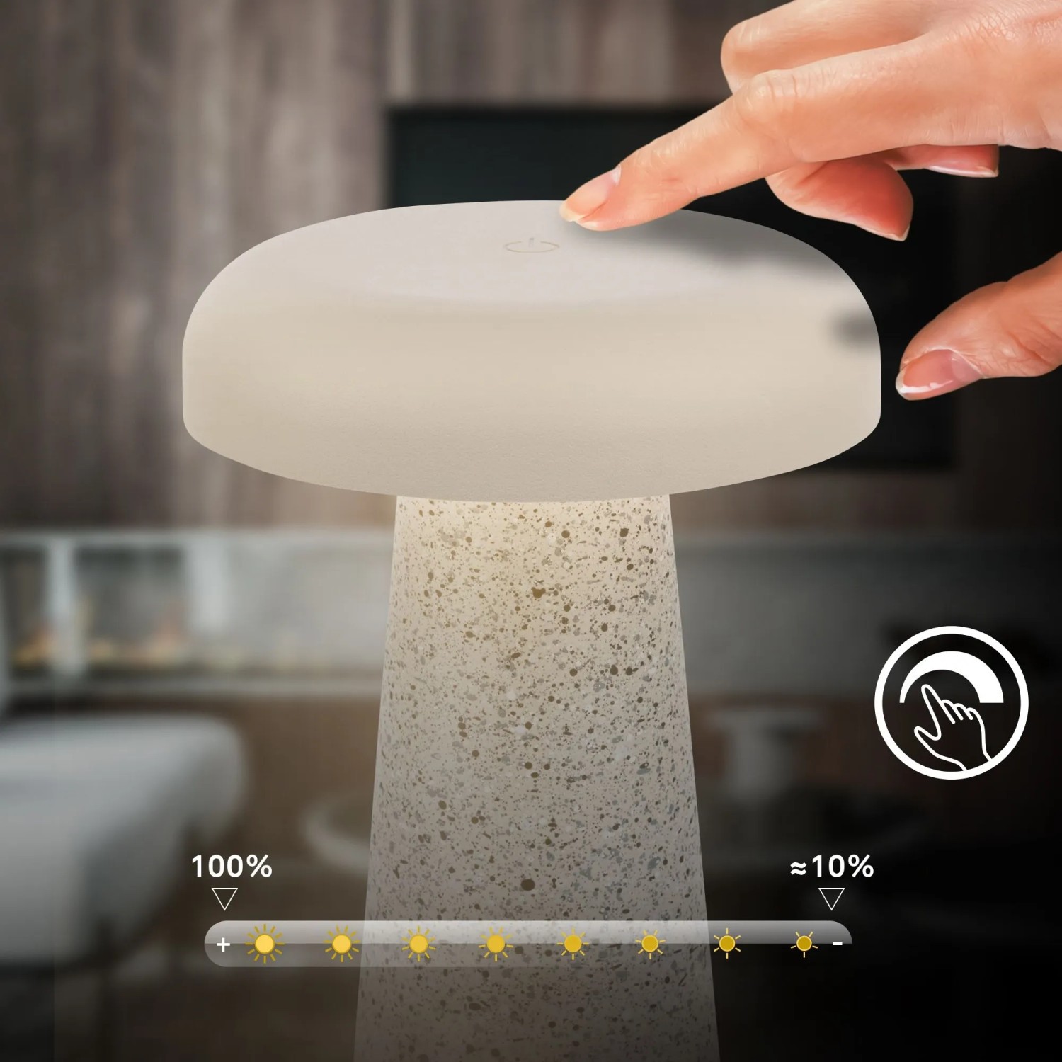 Brilo Akku Tischleuchte Cloud Travertin, dimmbar per Touch. Design-Tischlampe für Innen & Außen.