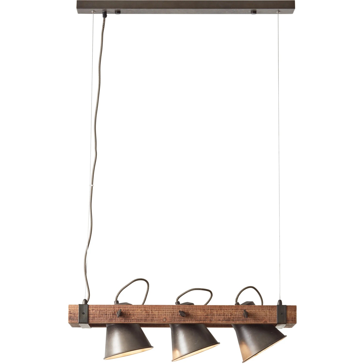 Brilliant Pendelleuchte Plow, 3-flammig, schwarz, Stahl/Holz. Hängelampe mit drei Strahlern.