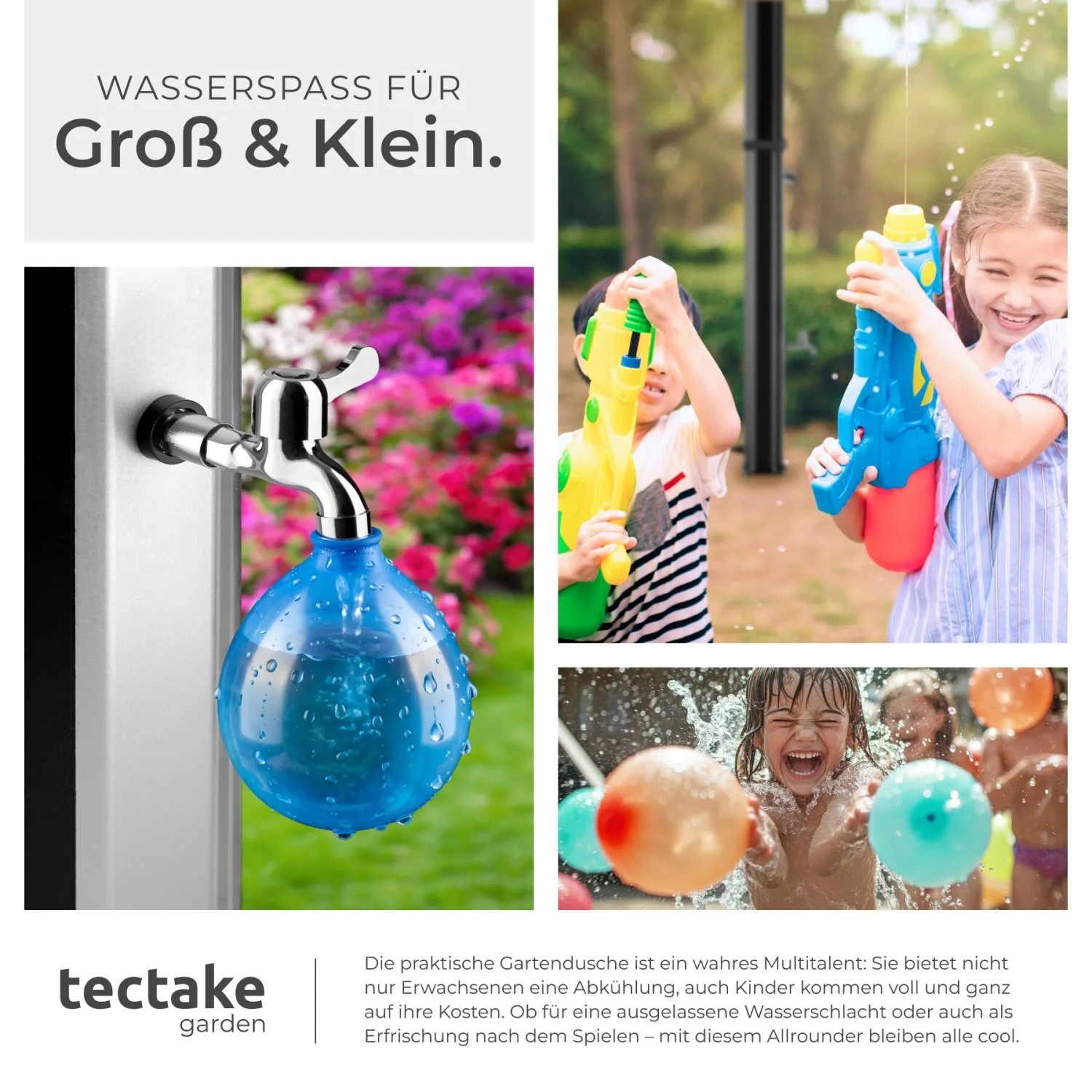 Tectake Solardusche Ofanto: Gartendusche mit Wasserhahn, spielende Kinder mit Wasserpistolen und Wasserspiele.