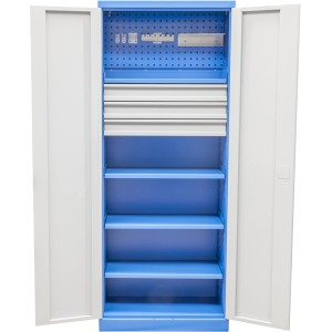 Offener Güde Werkzeugschrank TYP Universal in Grau-Blau mit Fachböden und Schubladen.