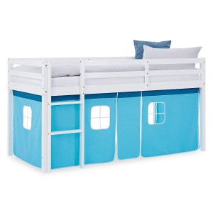 Weißes Homestyle4u Hochbett mit blauem Vorhang, 90x200 cm, für Kinder.