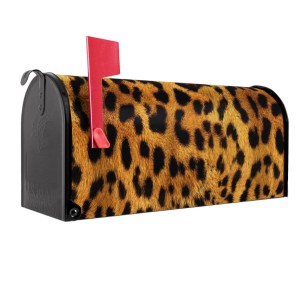 Schwarzer US Briefkasten mit Leopard Motiv, roter Fahne, aus Stahl pulverbeschichtet.