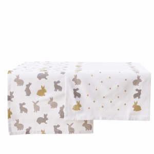 Tischläufer Tinka mit Hasenmuster, 40x140 cm, Baumwolle, beige, gold und grau.