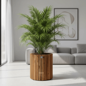 Rundes Pflanzgefäß aus Akazienholz (D31x35cm) mit vertikalen Lamellen und grüner Pflanze im Wohnzimmer.