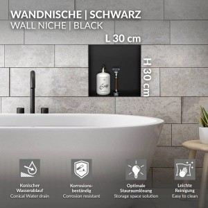 Schwarze LuxeBath Wandnische aus Edelstahl (30x30x10 cm) als Duschregal.