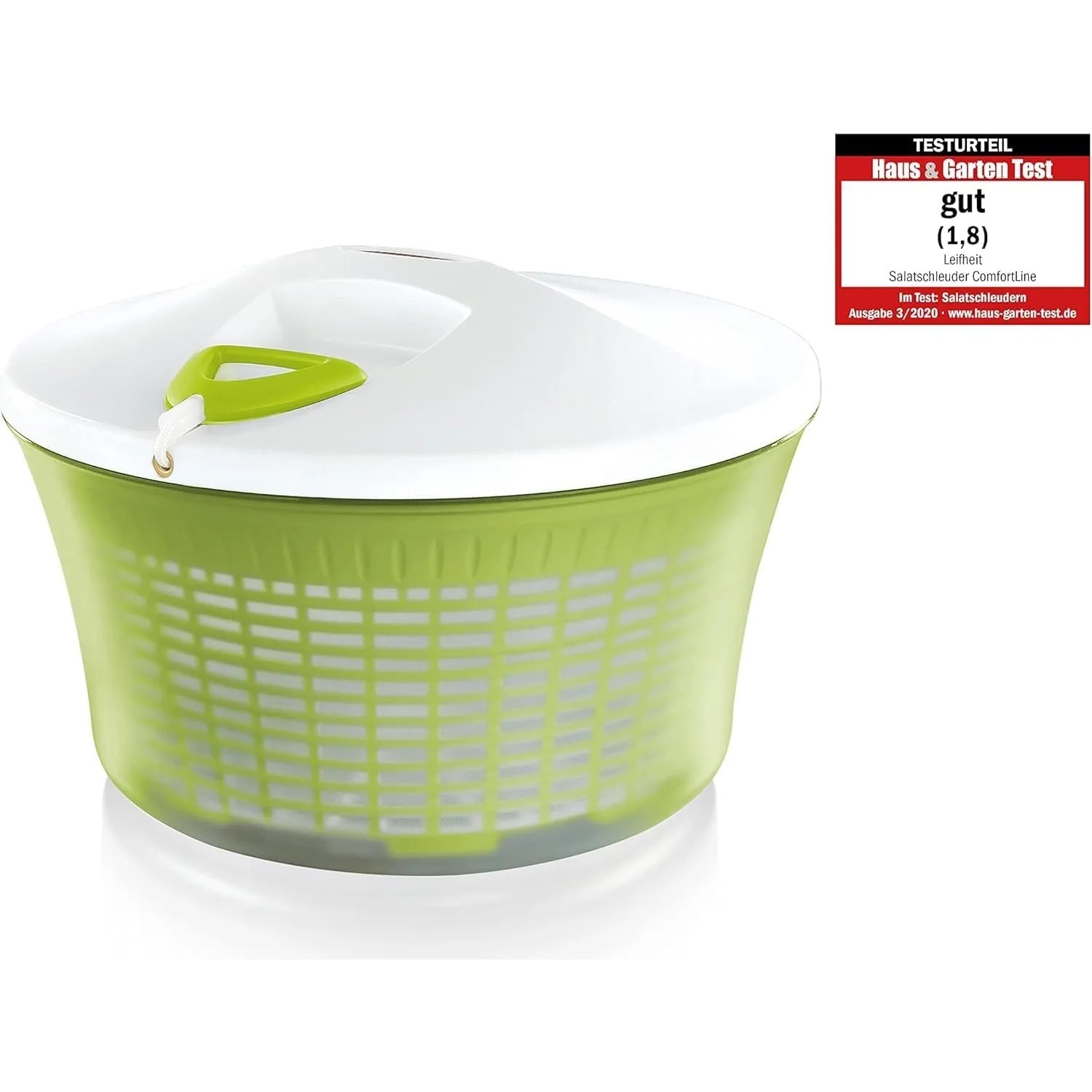 Leifheit Salatschleuder ComfortLine, 5,5L, grün-transparente Schüssel mit weißem Deckel.