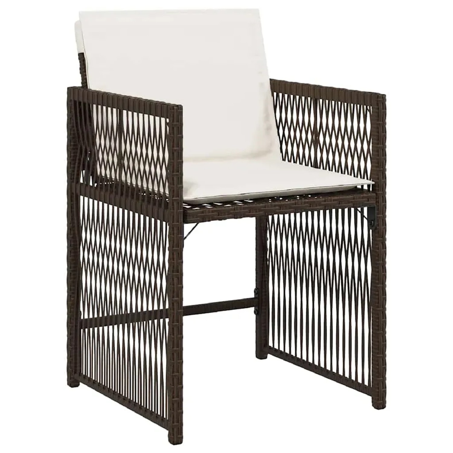 Brauner vidaXL Gartenstuhl aus Polyrattan mit weißen Kissen, Teil der 5-tlg. Essgruppe.