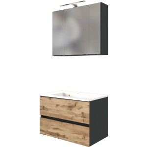 Held Möbel Waschtisch-Set Bari, 80 cm, Wotaneiche/Graphitgrau, mit Spiegelschrank und Mineralgussbecken.