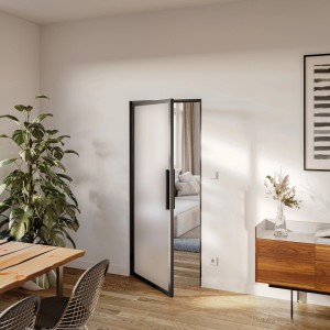 Loft+Mehr Drehtür-Set mit Blockzarge, 100x213 cm, DIN links, mattiertes Glas, schwarzer Rahmen.