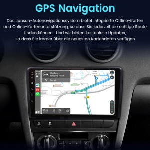 Junsun Autoradio 9 Zoll im Audi A3 Armaturenbrett mit aktiver GPS Navigation und Routenführung.