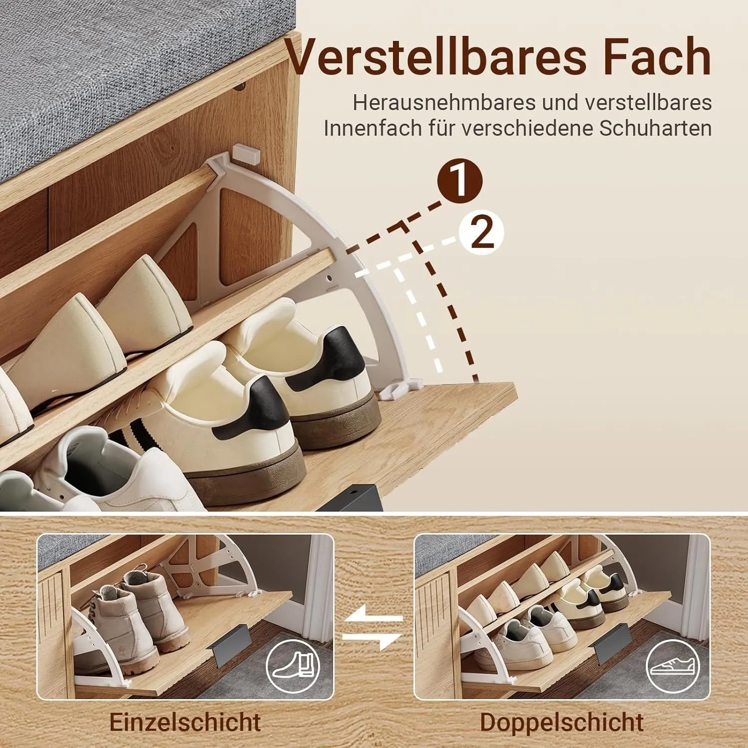 SoBuy Schuhbank FSR211-N mit verstellbarem Fach für verschiedene Schuhe.