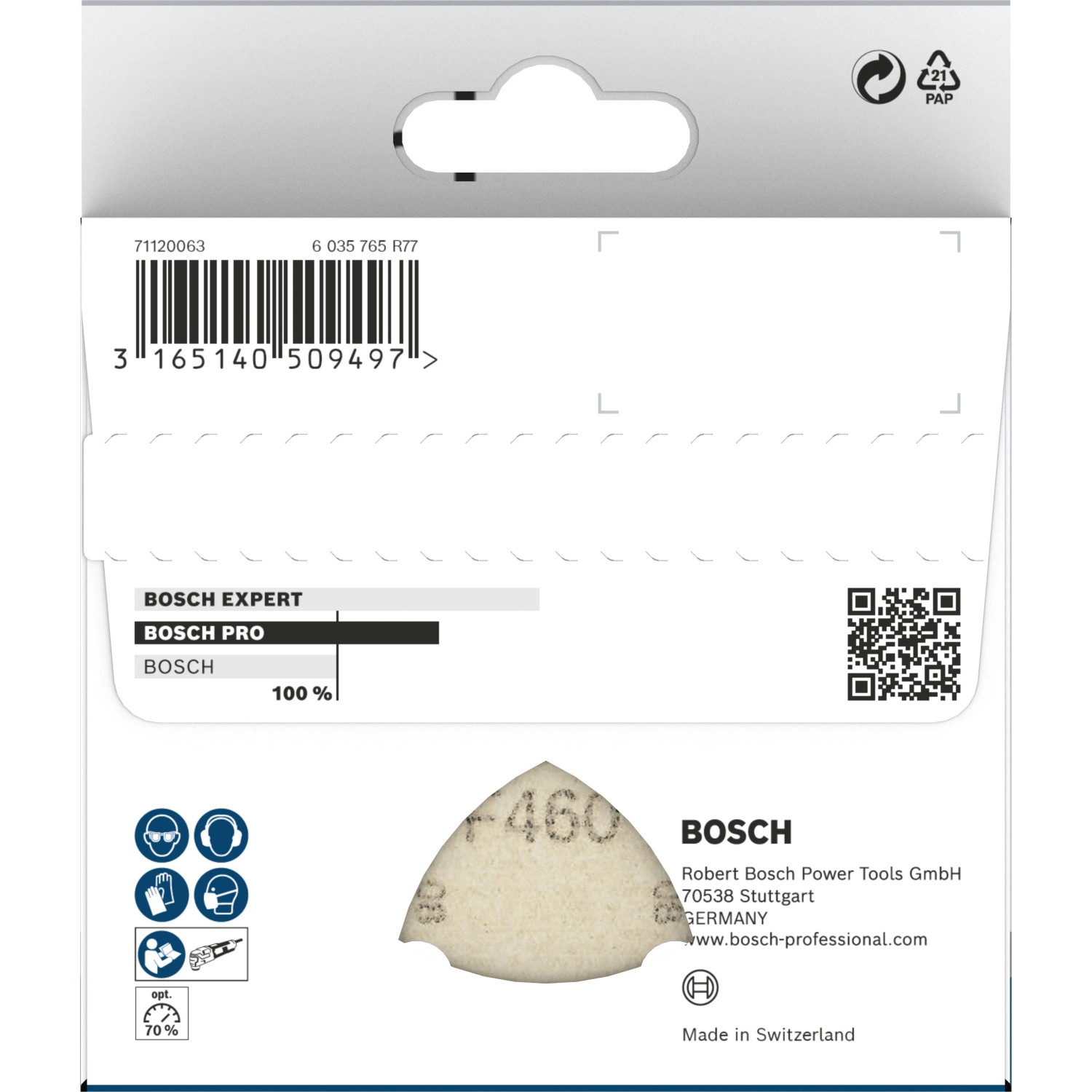 Bosch Schleifblatt Pro 10-teilig für Dreieckschleifer. Dreieckiges Schleifmittel auf weißer Verpackung.