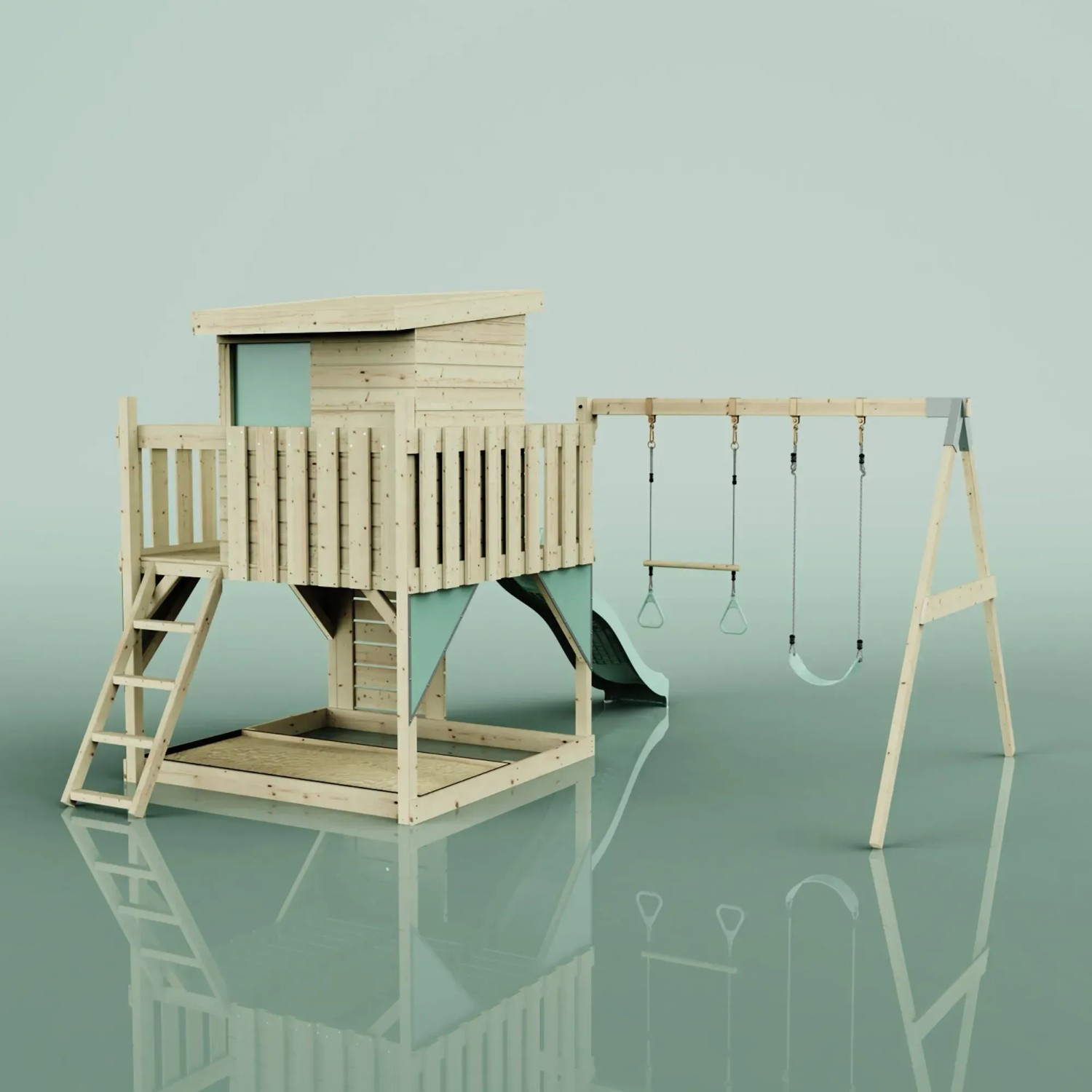 PolarPlay Spielturm Björn mit Schaukel, Rutsche und Leiter in Mintgrün.