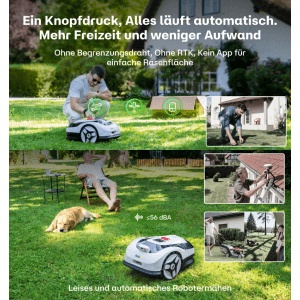 RoboUP Raccoon 2 SE Mähroboter mäht Rasen automatisch. Mann entspannt, Hund schläft. Kabelloser Mähroboter ohne Begrenzungskabel, leise.
