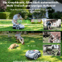 RoboUP Raccoon 2 SE Mähroboter mäht Rasen automatisch. Mann entspannt, Hund schläft. Kabelloser Mähroboter ohne Begrenzungskabel, leise.