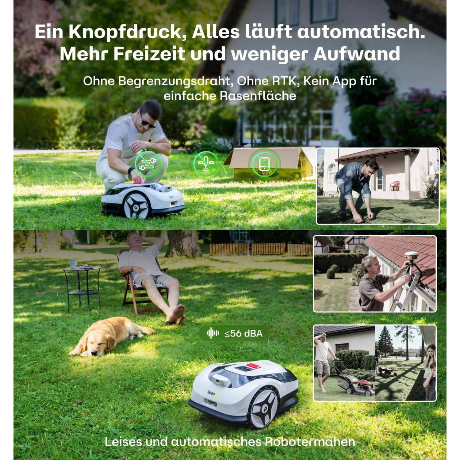 RoboUP Raccoon 2 SE Mähroboter mäht Rasen automatisch. Mann entspannt, Hund schläft. Kabelloser Mähroboter ohne Begrenzungskabel, leise.