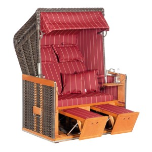 Natur24 Strandkorb Konsul Halbliegemodell 2-Sitzer, braunes Korbgeflecht, rot-gestreifte Polster.