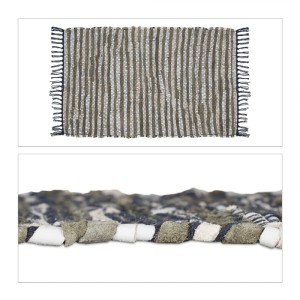 Relaxdays Flickenteppich Baumwolle Leder Khaki Rutschfest 60 cm x 100 cm 1 kg