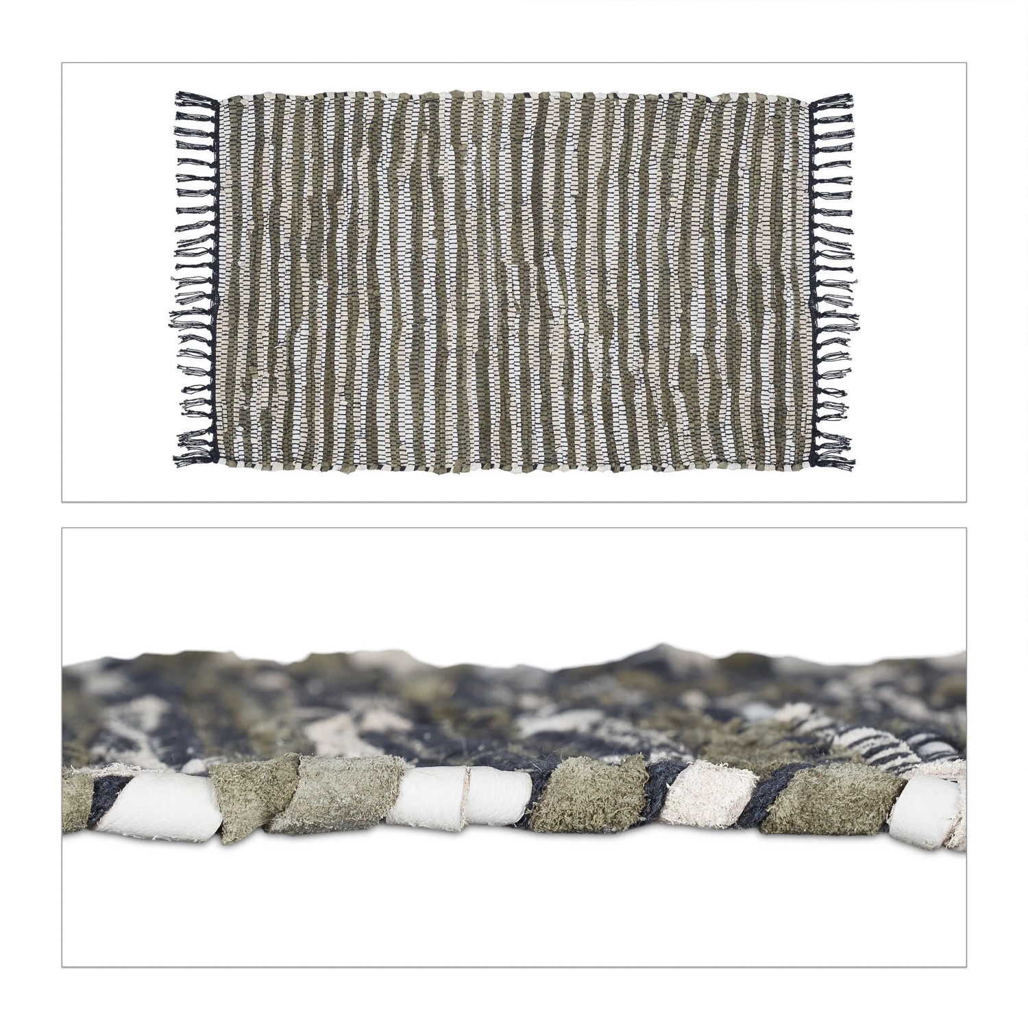 Relaxdays Flickenteppich Baumwolle Leder Khaki Rutschfest 60 cm x 100 cm 1 kg