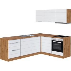 Held Möbel Winkelküche, 240x180 cm, matt weiß/Wotaneiche, mit E-Geräten.