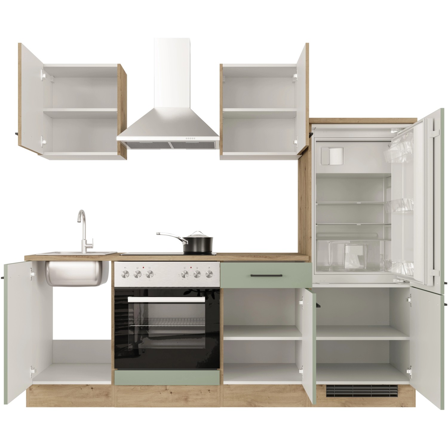 Flex-Well Küche Cara in Schilfgrün/Artisan Eiche mit E-Geräten und Spüle. Kompakte Küchenzeile.