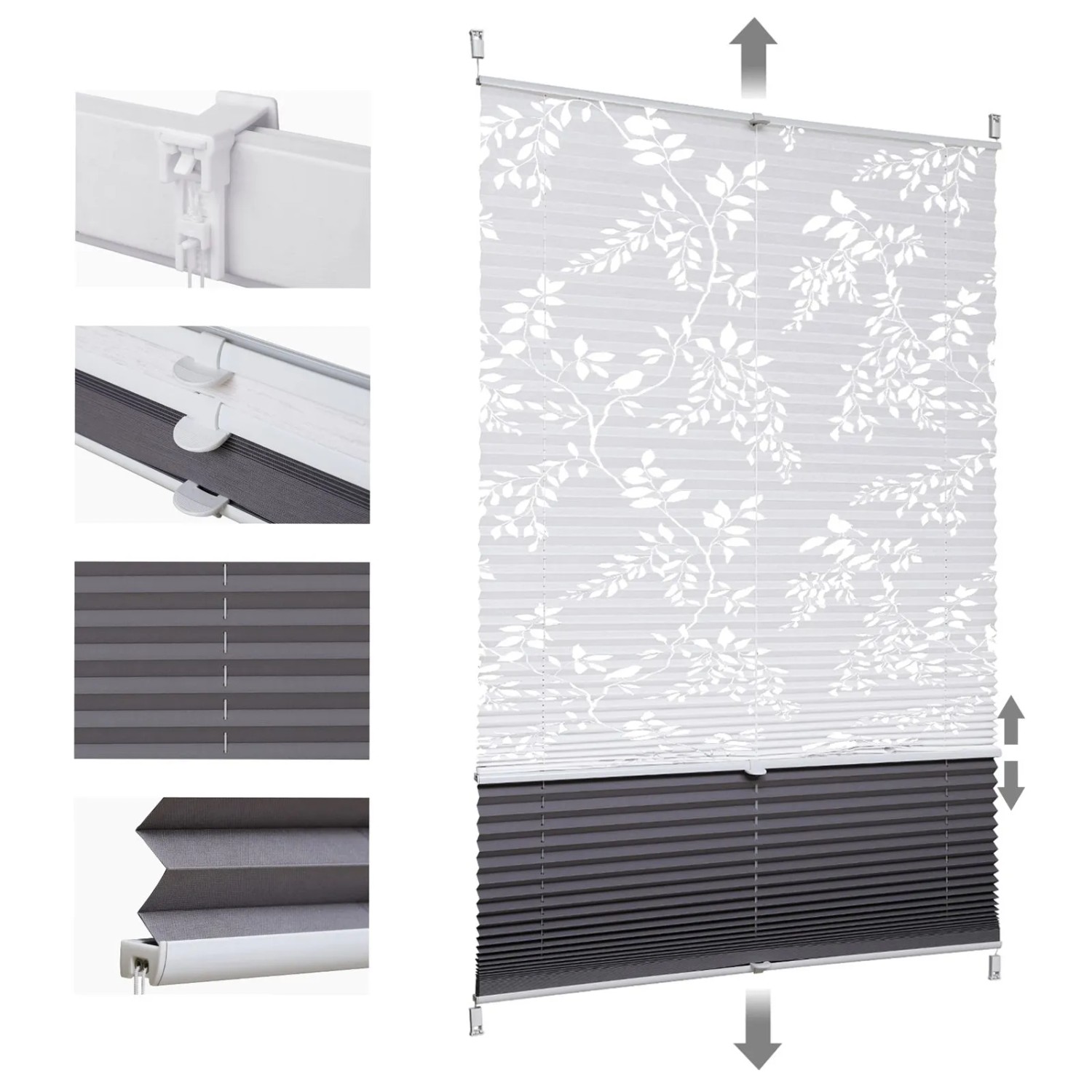 Sekey Doppelplissee Day&Night Verdunkelung Ohne Bohren Verspannt Lichtschutz Muster & Grau 60x130cm