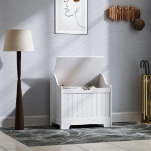 Weiße HOMCOM Truhe/Auflagenbox (60L) mit geöffnetem Deckel im Wohnraum.