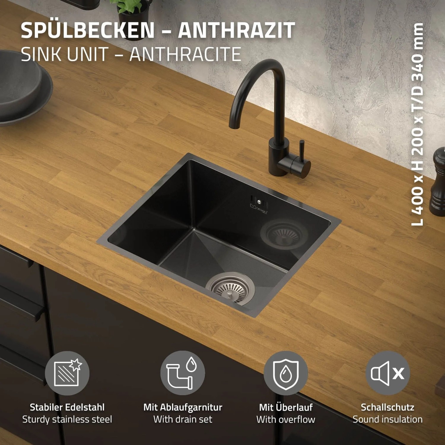 ML-Design Einlassspüle Edelstahl 34 x 40 cm Anthrazit Eckig 1 Becken mit Siphon kaufen bei OBI