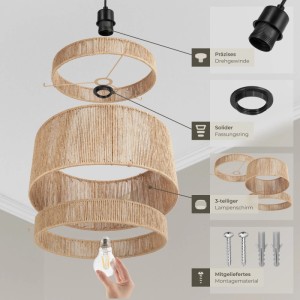 Pendelleuchte Lignea Lux im Boho-Stil mit Jutefaser-Schirm und Montage-Details.