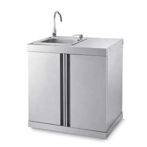 MyOutdoorKitchen Modul mit Spülbecken, Wasserhahn und Aufbewahrungsschrank aus Edelstahl.